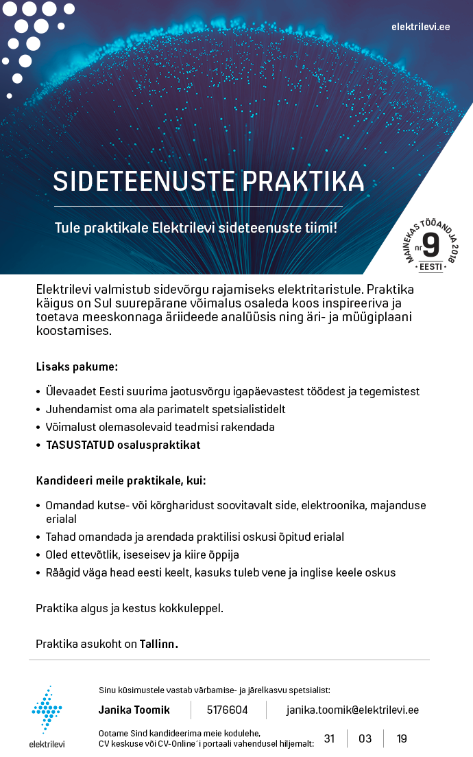 Eesti Energia AS SIDETEENUSTE TOOTEJUHI PRAKTIKA
