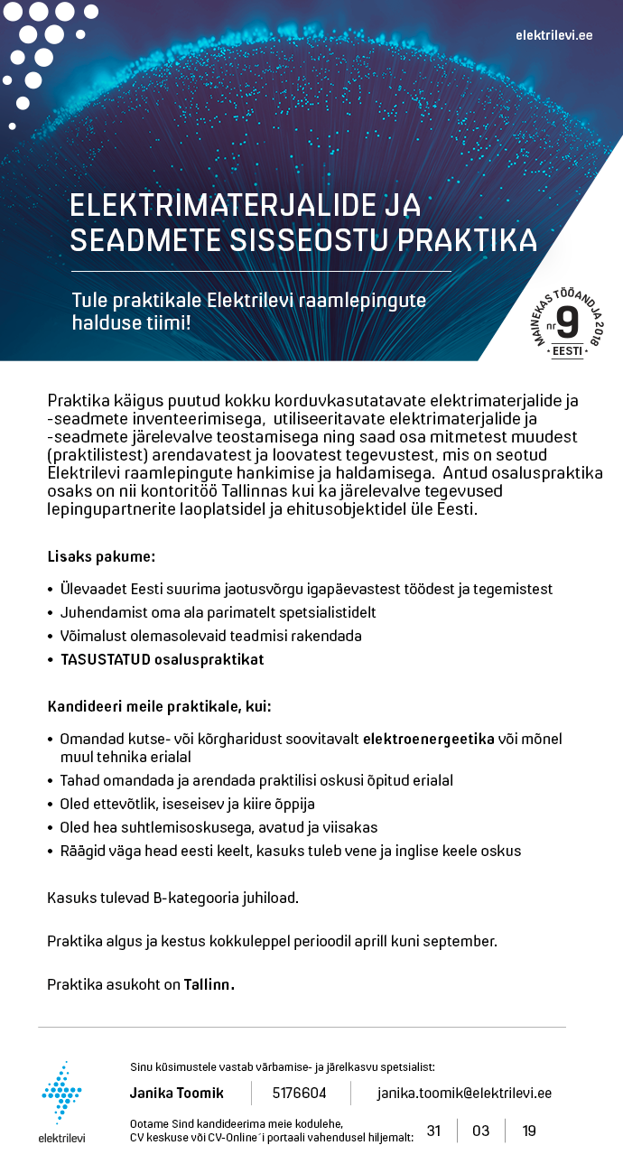 Eesti Energia AS ELEKTRIMATERJALIDE SEADMETE JA SISSEOSTU PRAKTIKA