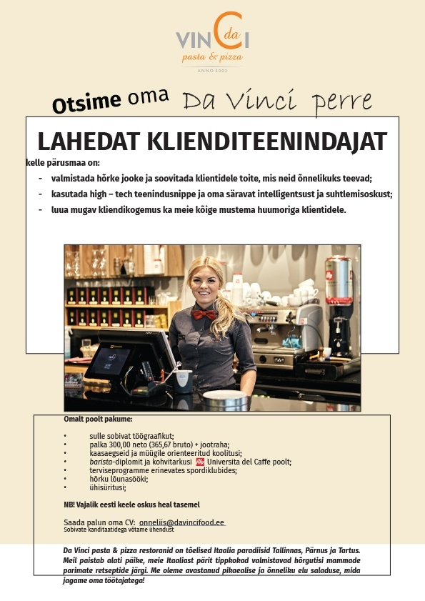 GELATO ITALIANO OÜ Osalise tööajaga klienditeenindaja (Kristiine kaubanduskeskuse Da Vinci restoran)