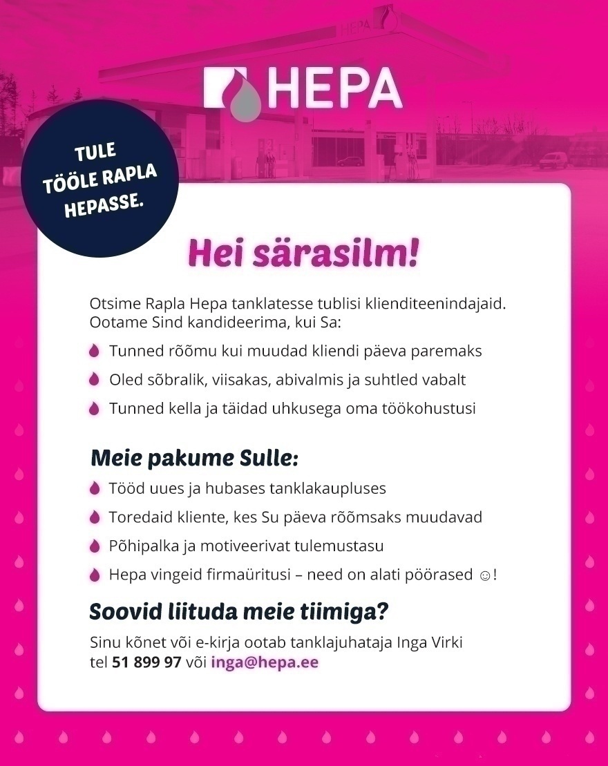 HEPA OÜ Klienditeenindaja (Rapla Hepasse)
