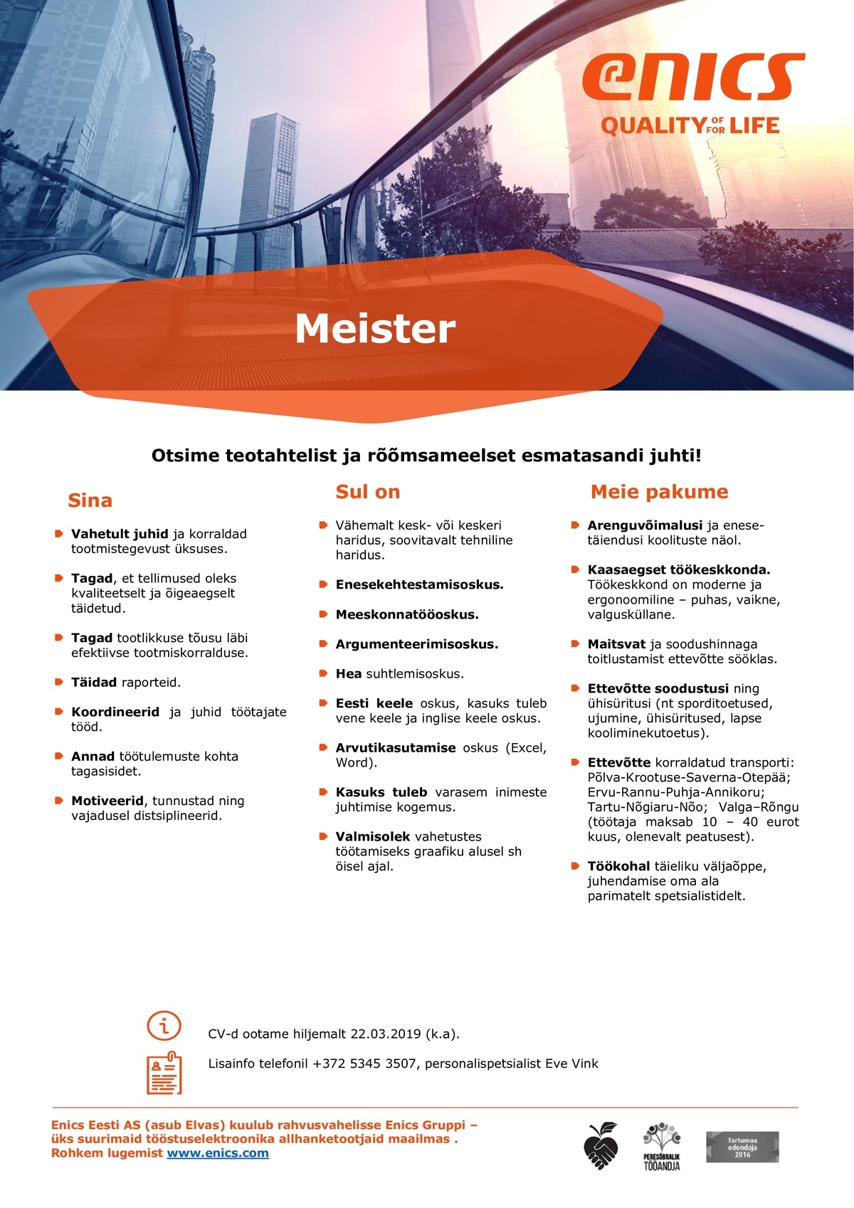 Enics Eesti AS Meister (tootmise esmatasandi juht)