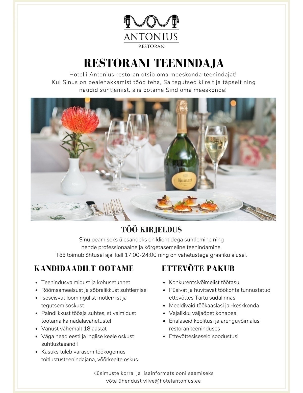 Hotell Antonius OÜ Restorani teenindaja (õhtusel ajal)