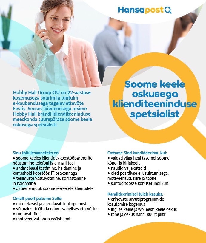 Hobby Hall GROUP OÜ Soome keele oskusega klienditeeninduse spetsialist