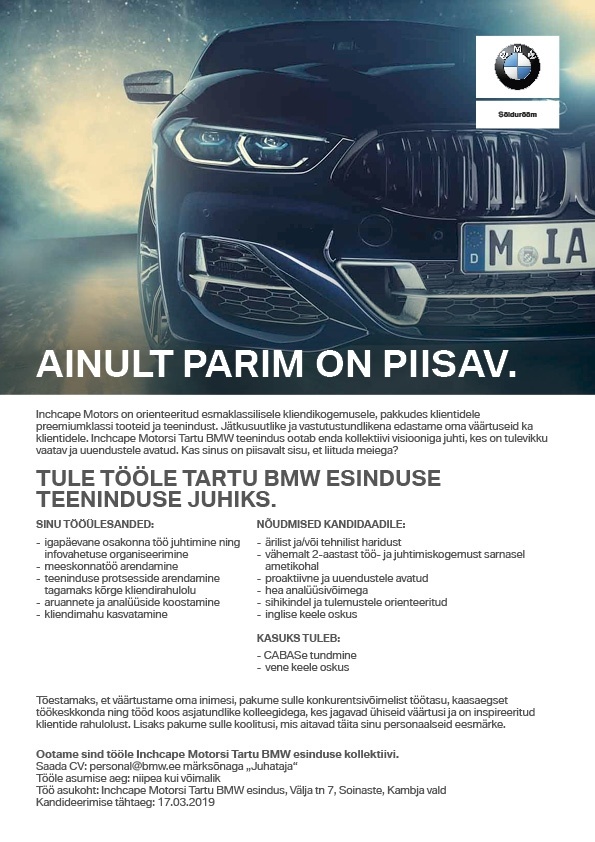 Inchcape Motors Tartu BMW esindus Tartu BMW esinduse teeninduse juht