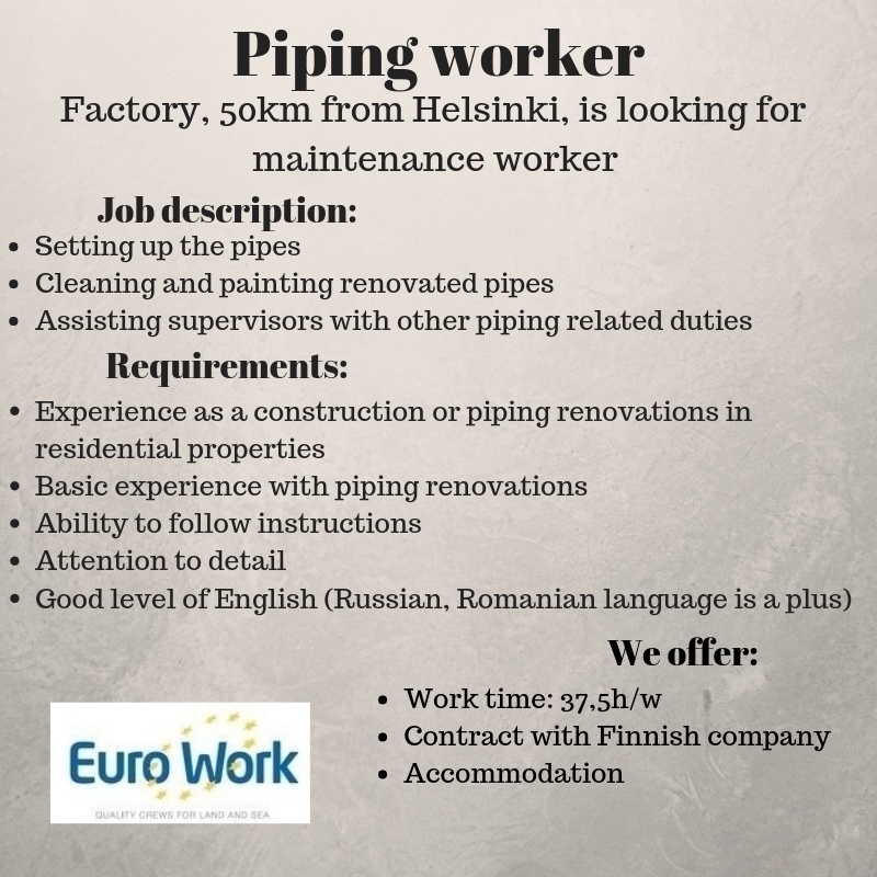 EURO WORK OÜ Piping worker