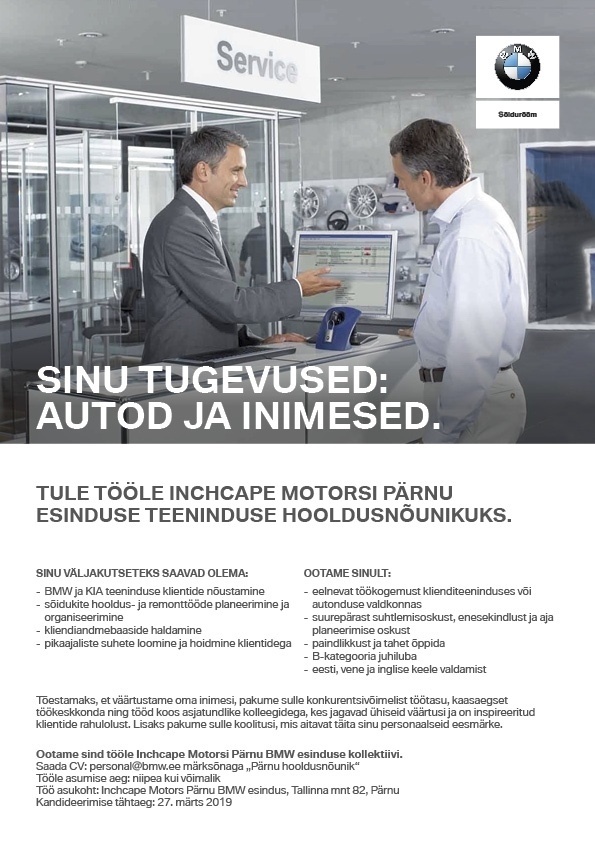 Inchcape Motors Pärnu BMW esindus Teeninduse hooldusnõunik