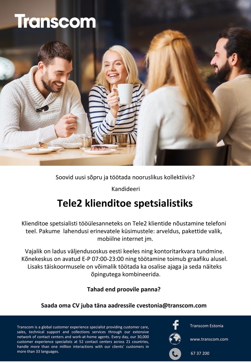 Transcom Eesti OÜ Tele2 klienditoe spetsialist 