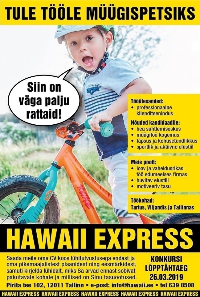 Hawaii Express OÜ Müügispetsialist (Tallinn, Tartu, Viljandi)