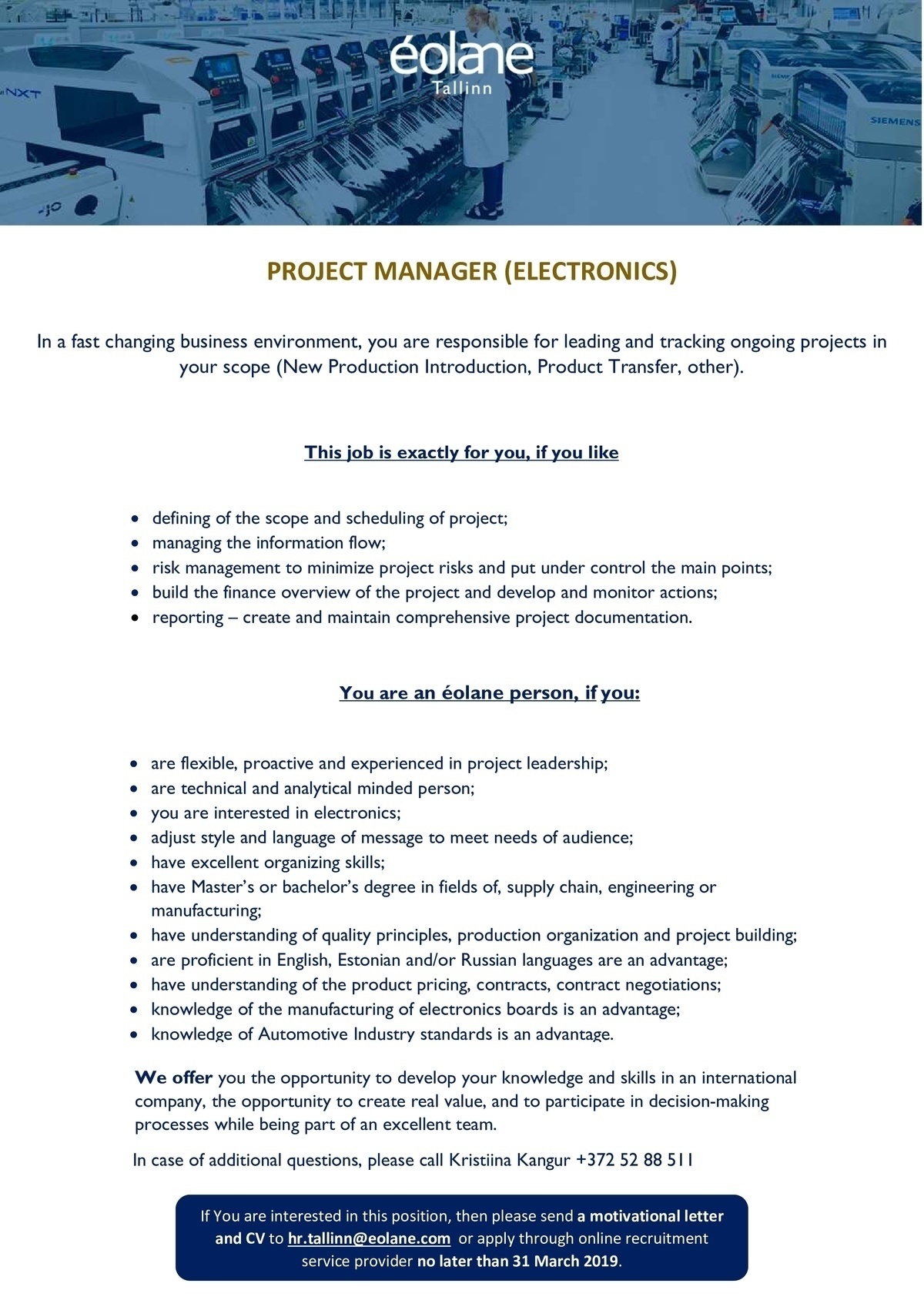EOLANE TALLINN AS PROJECT MANAGER (ELECTRONICS)