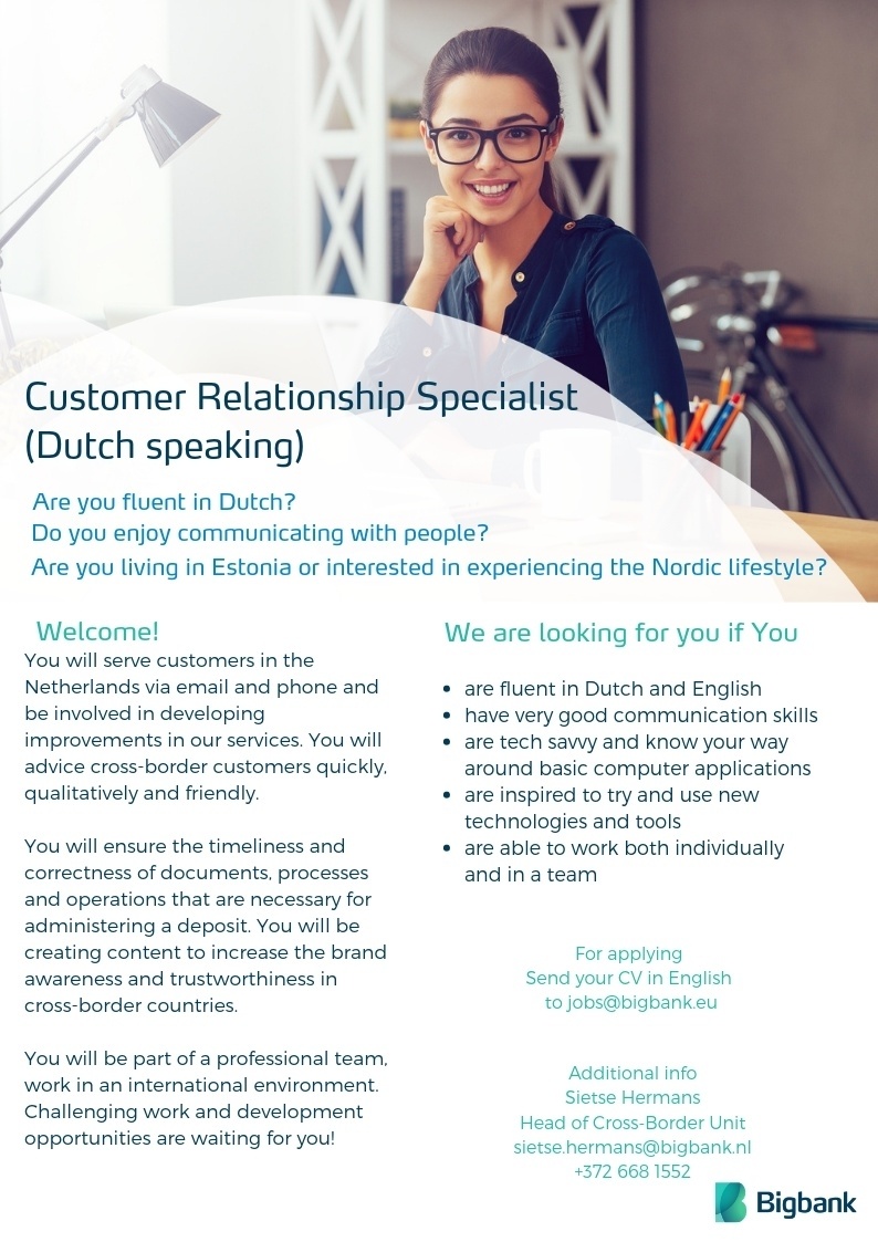 BIGBANK AS Customer Relationship Specialist (Dutch speaking)