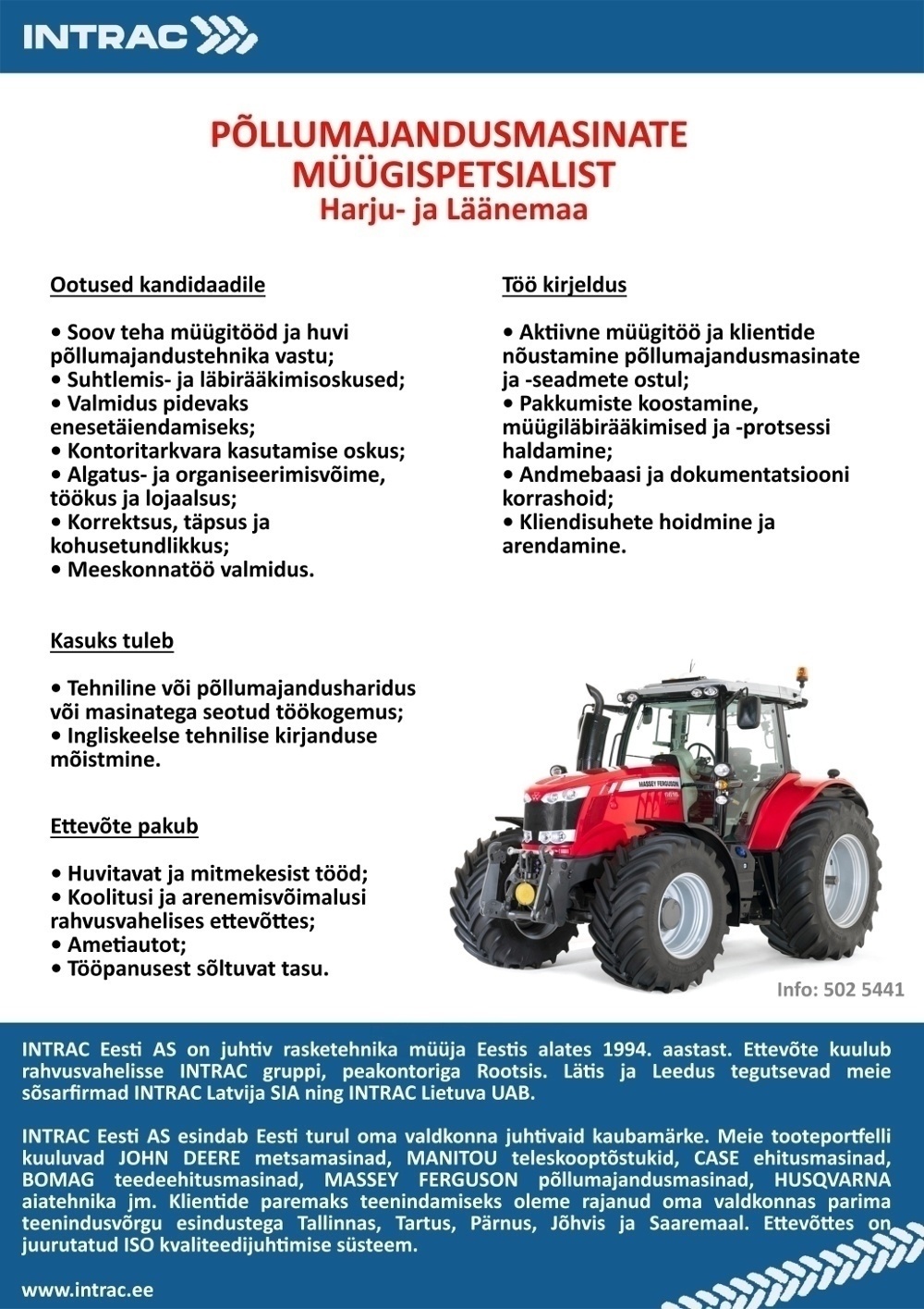 INTRAC Eesti AS PÕLLUMAJANDUSMASINATE MÜÜGISPETSIALIST