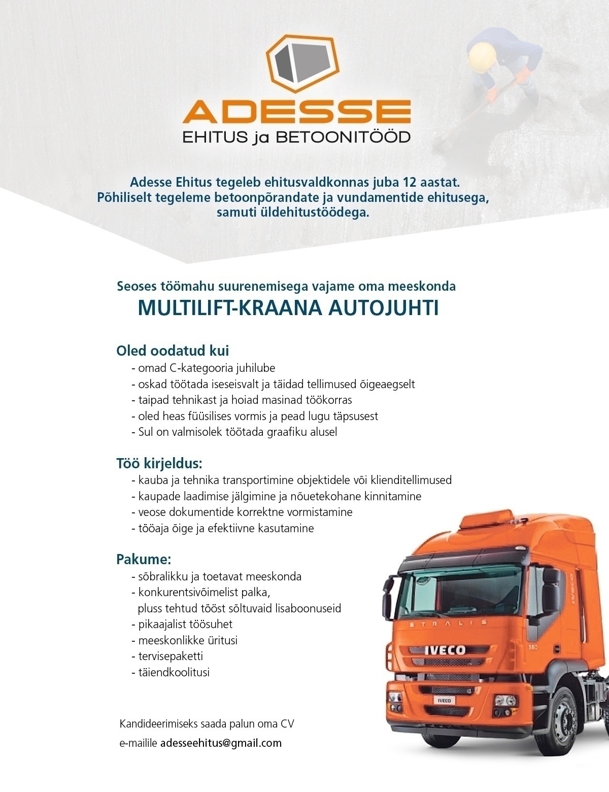 ADESSE EHITUS OÜ Multilift - kraana autojuht