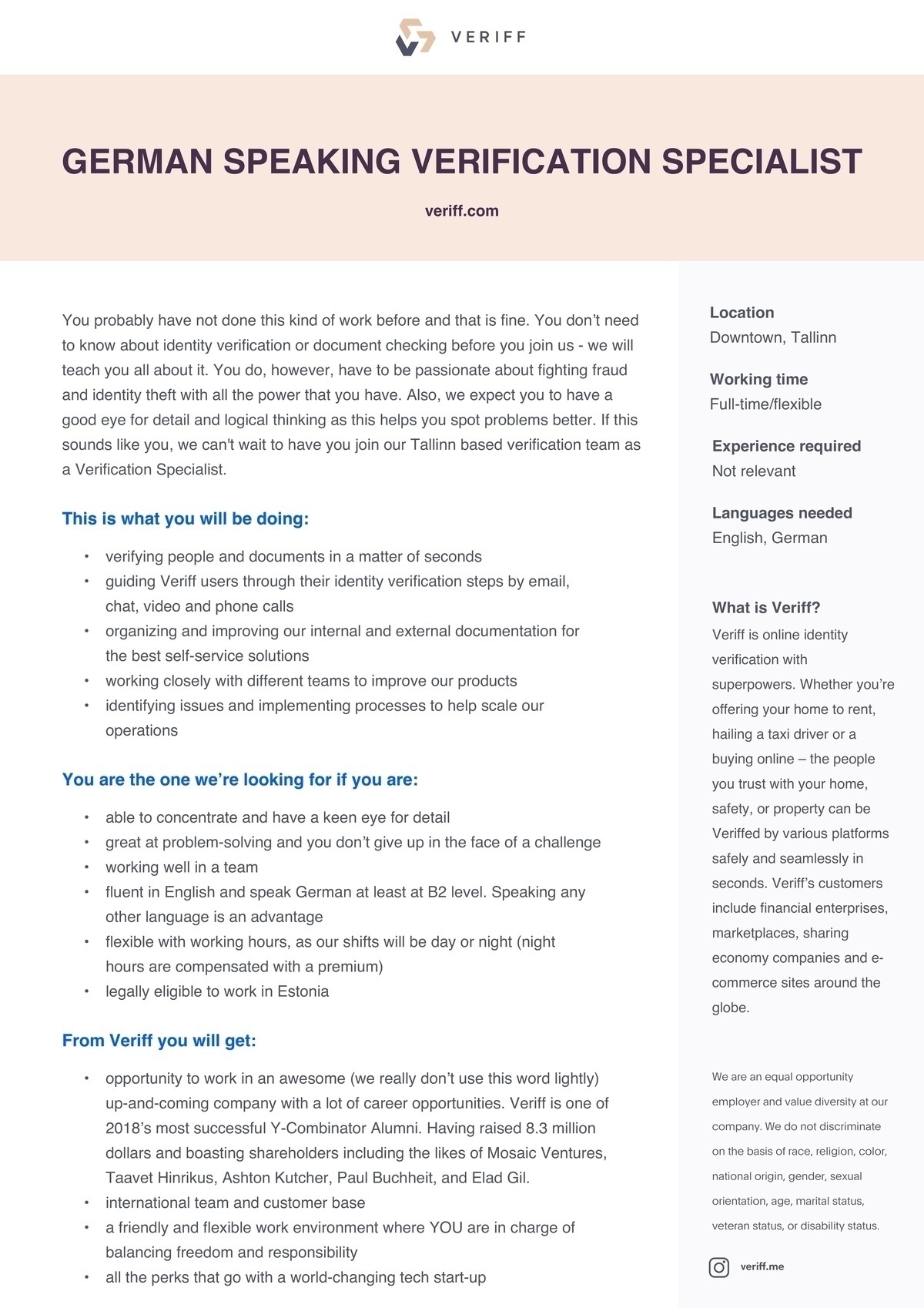 VERIFF OÜ German speaking Verification Specialist