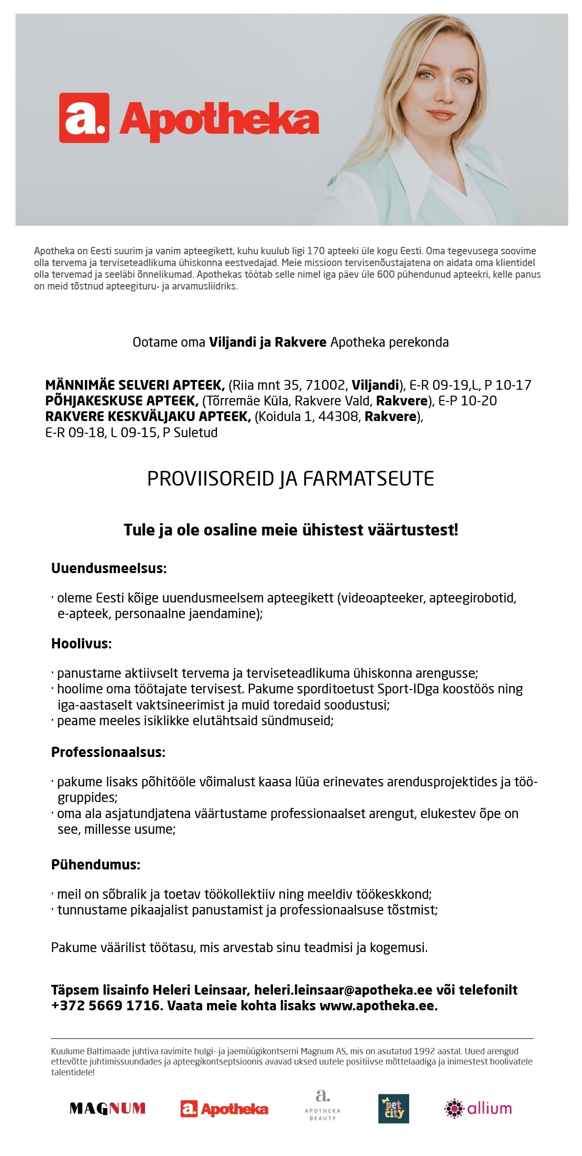 Terve Pere Apteek OÜ Proviisor või farmatseut Viljandi ja Rakvere Apotheka Apteeki