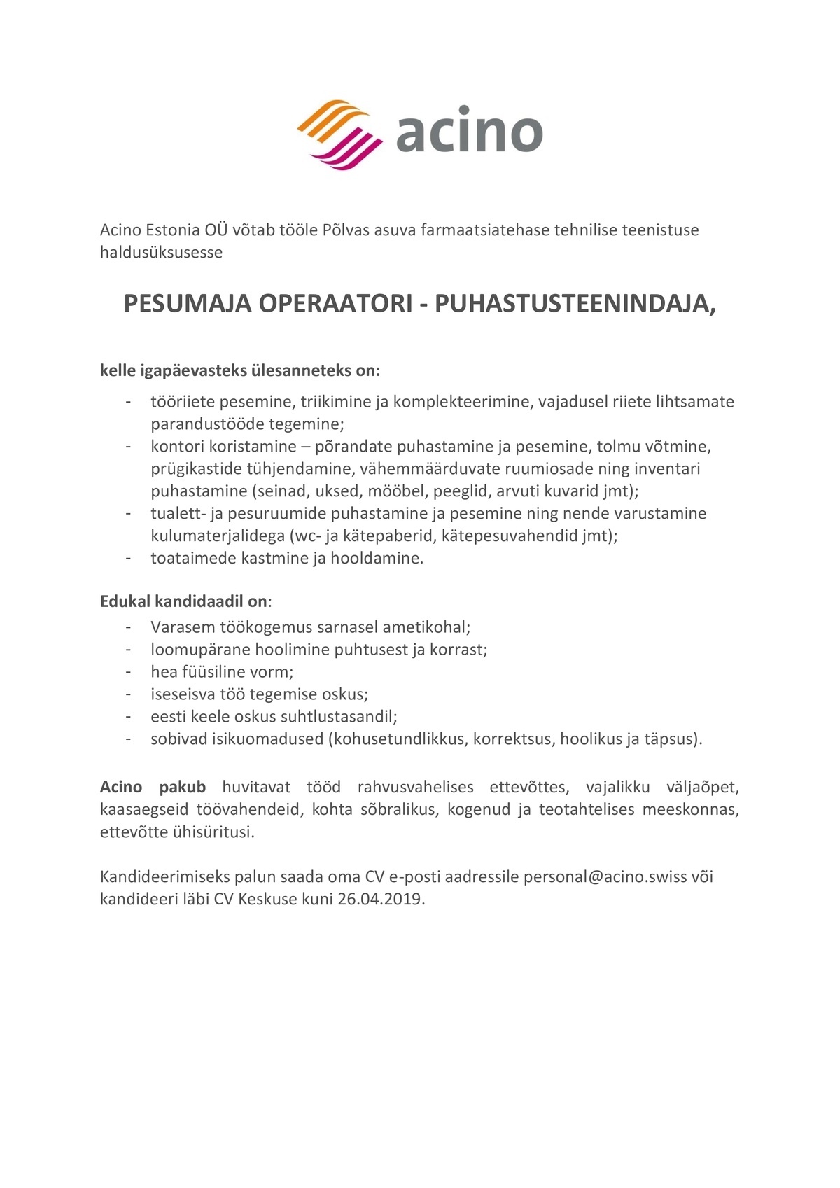 Acino Estonia OÜ Pesumaja operaator - puhastusteenindaja