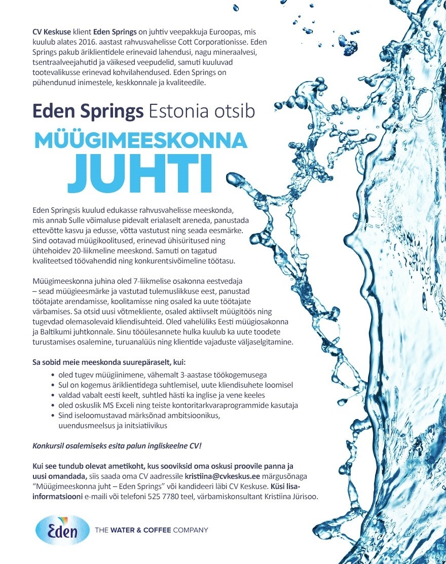 Eden Springs Estonia OÜ Müügimeeskonna juht