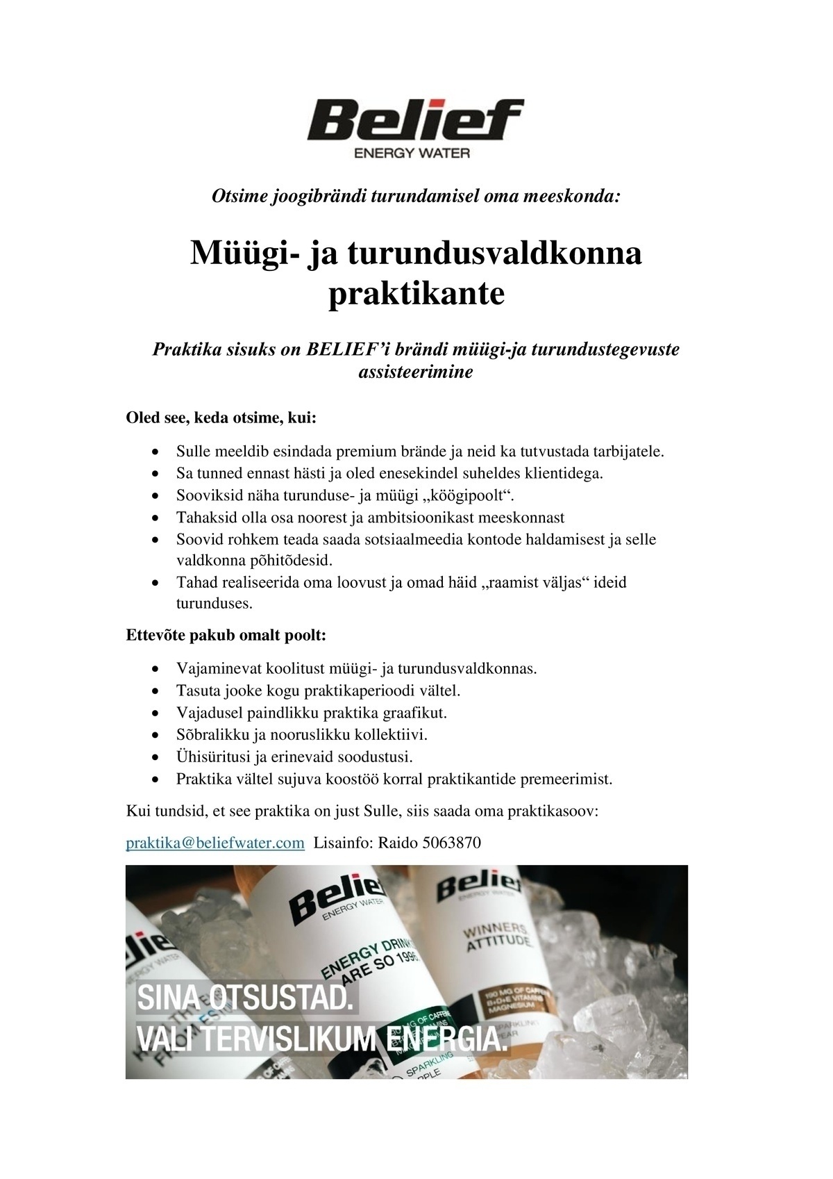 BELIEF WATER OÜ Müügi- ja turundusvaldkonna praktikant