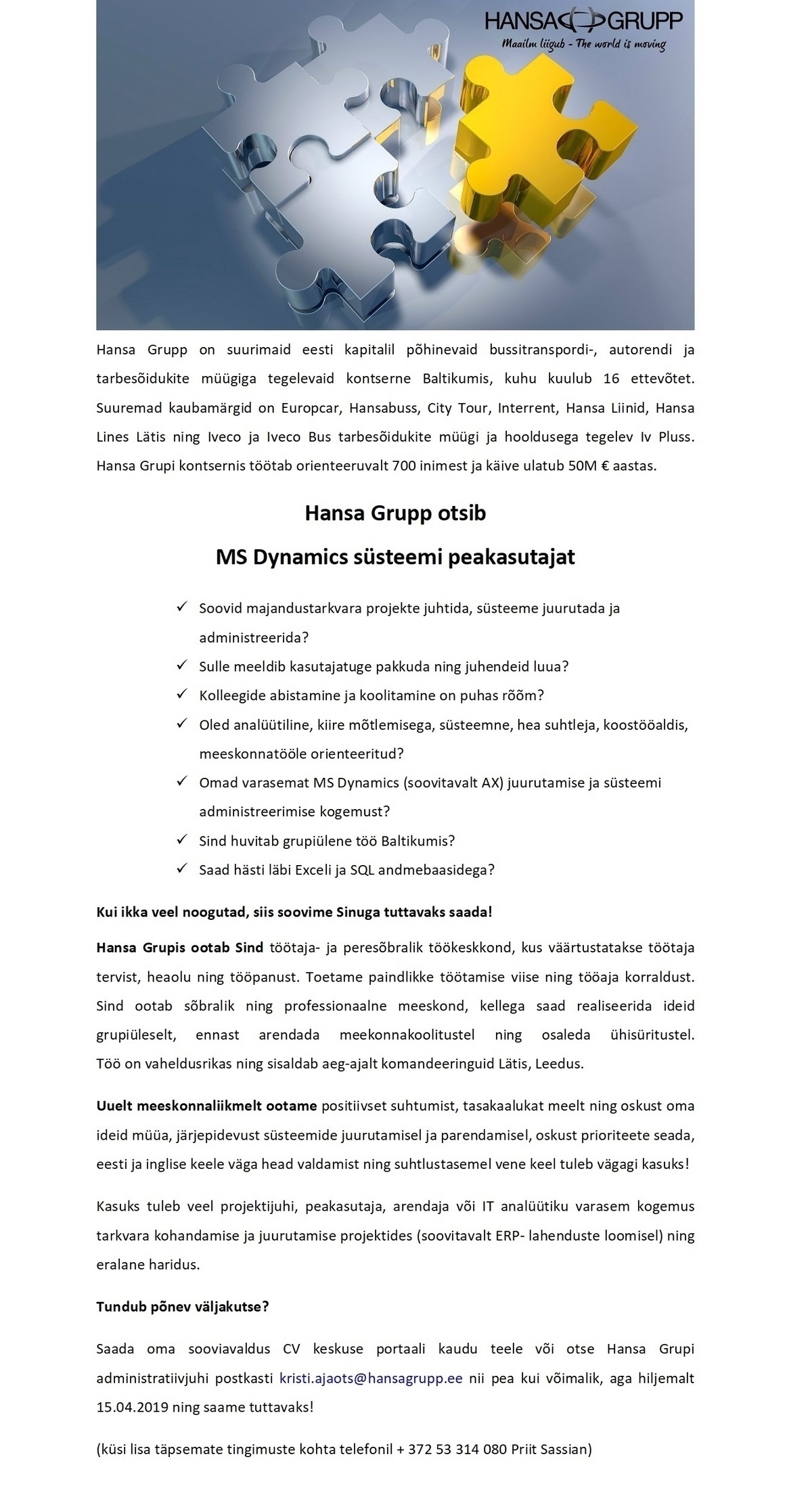 HANSA GRUPP OÜ Majandutarkvara projektijuht