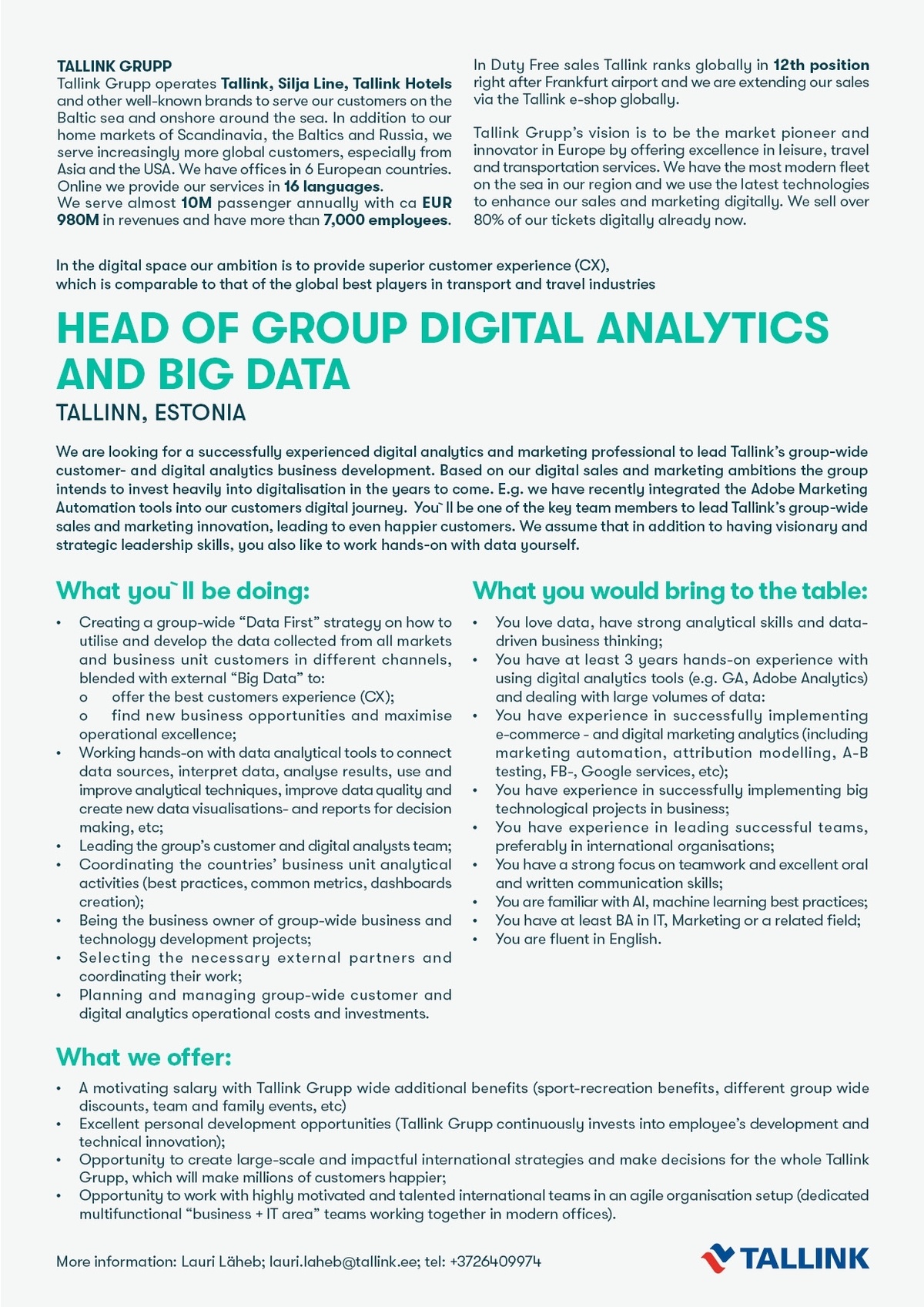 Tallink Grupp AS Head of Group Digital Analytics and Big Data