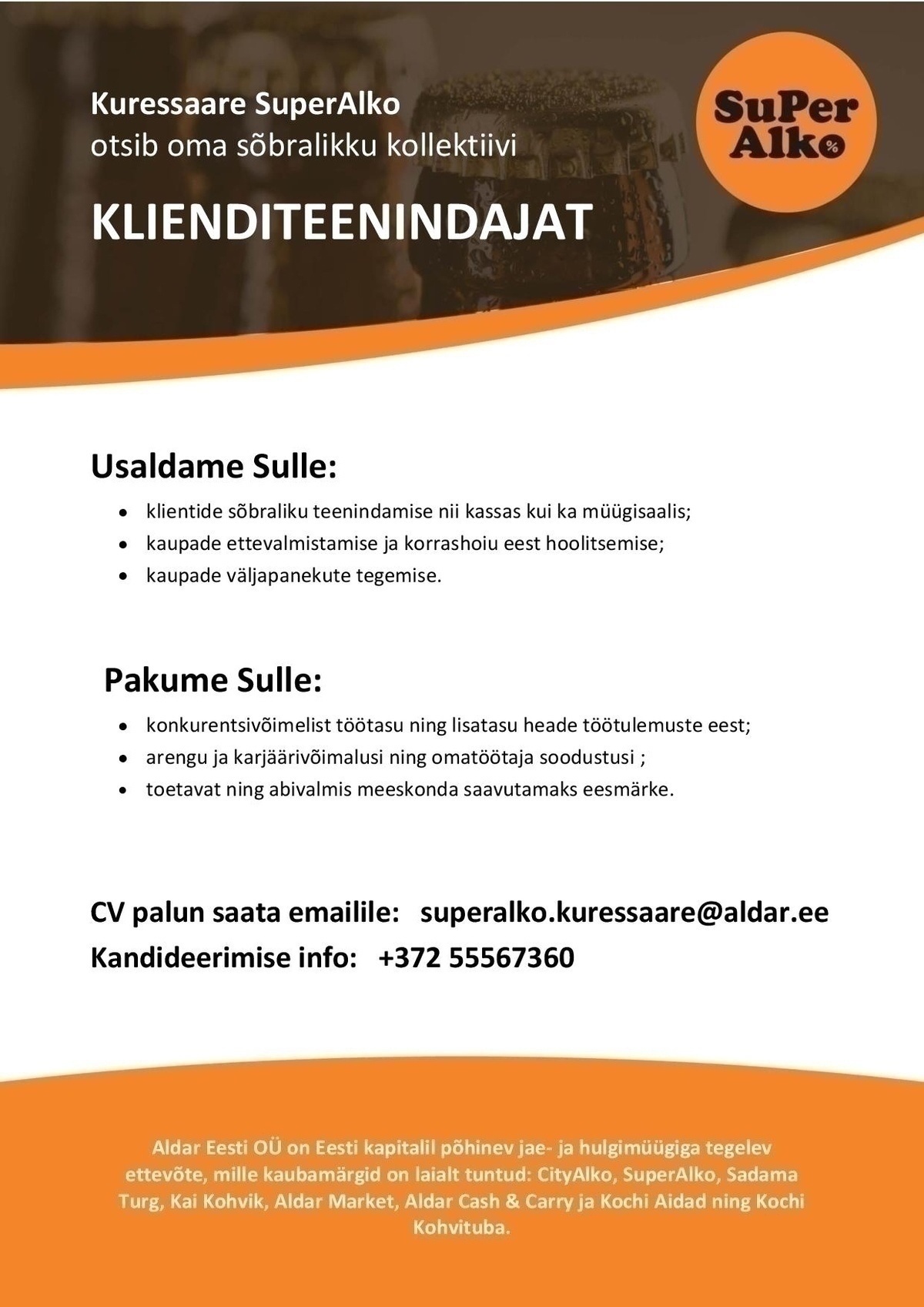 Aldar Eesti OÜ Klienditeenindaja Kuressaare SuperAlko kaupluses