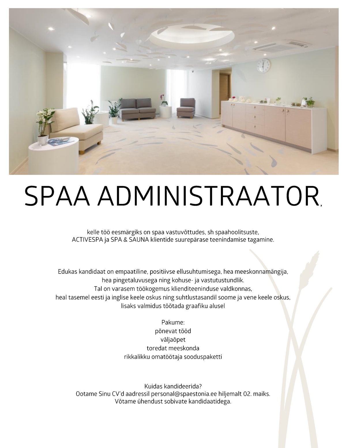 Estonia Spa Hotels AS Spaa vastuvõtuadministraator