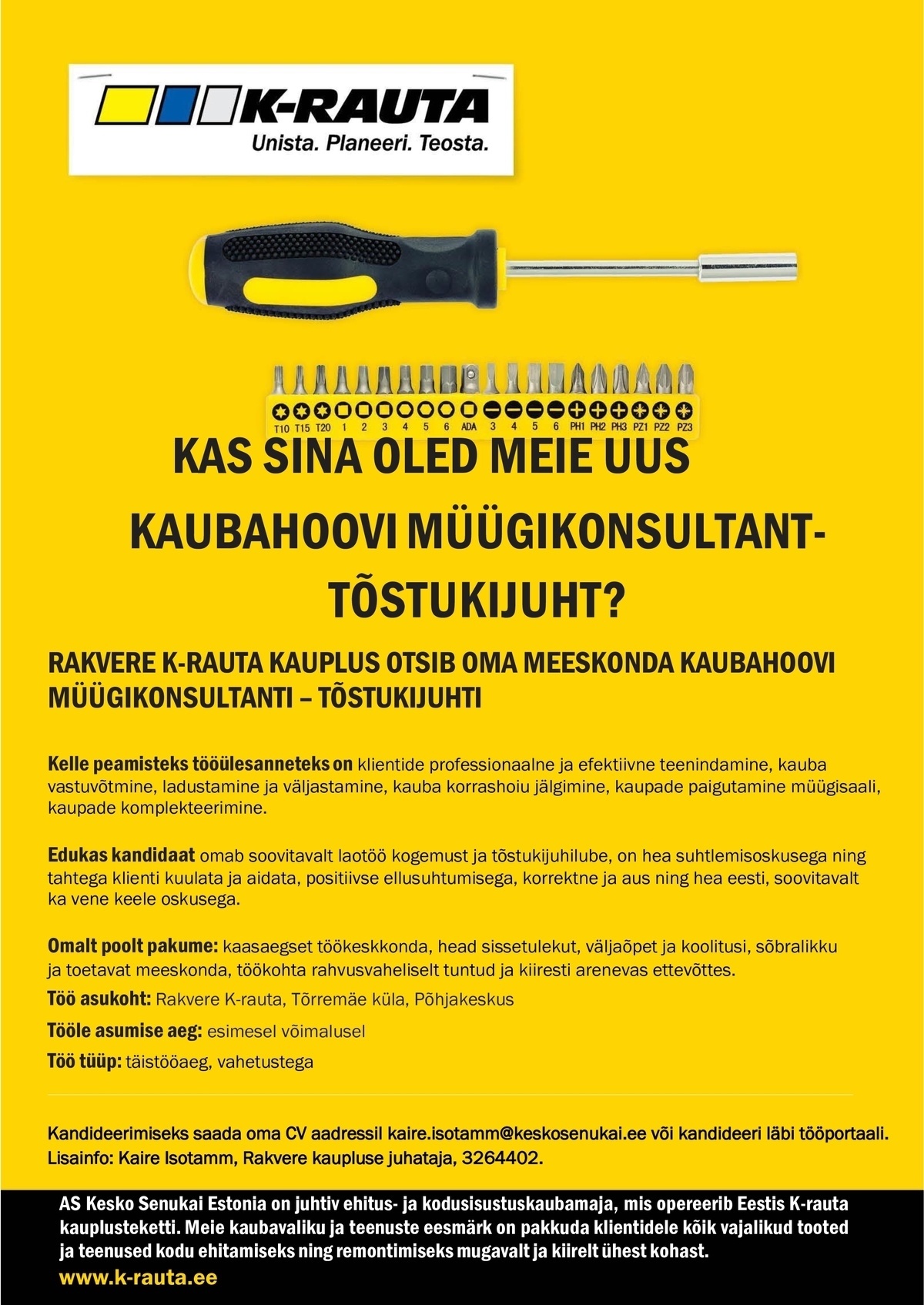 AS Kesko Senukai Estonia Kaubahoovi müügikonsultant-tõstukijuht Rakvere K-rautasse