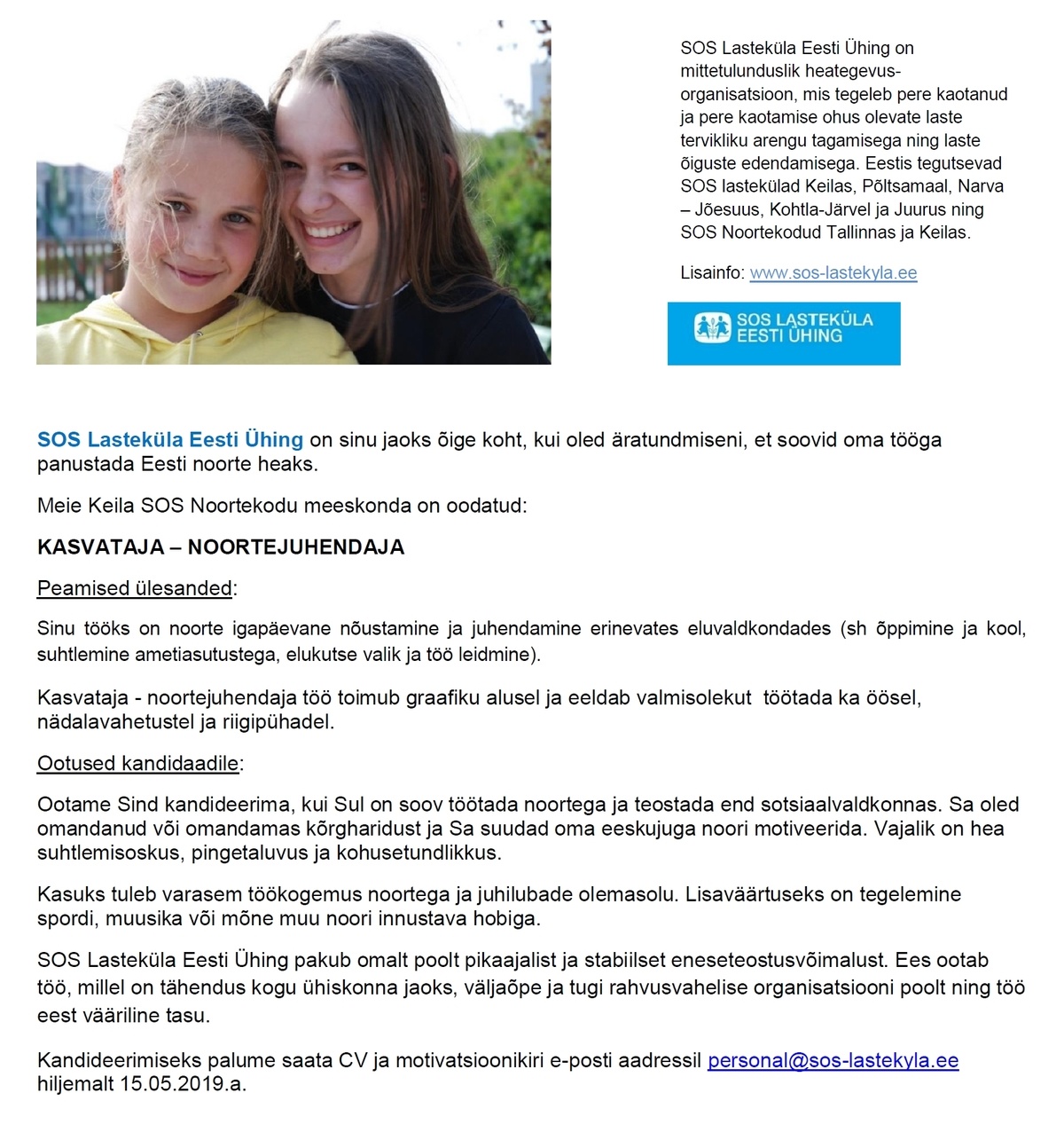 SOS Lasteküla Eesti Ühing Kasvataja-noortejuhendaja