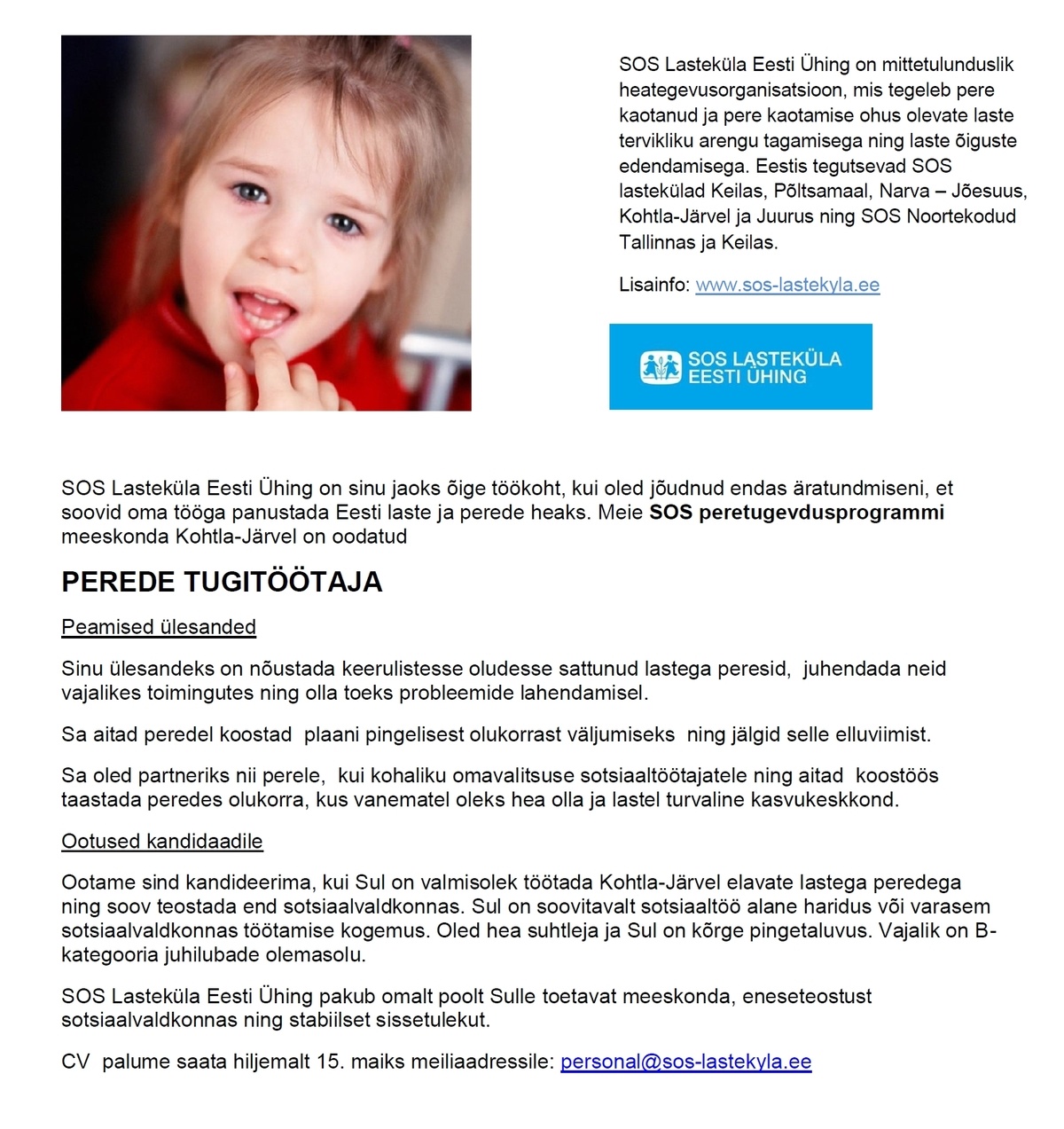 SOS Lasteküla Eesti Ühing Perede tugitöötaja
