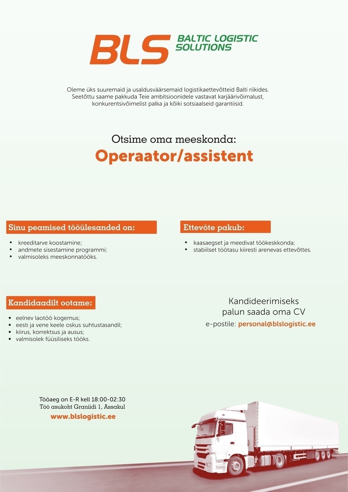 BALTIC LOGISTIC SOLUTIONS OÜ Operaator/assistent