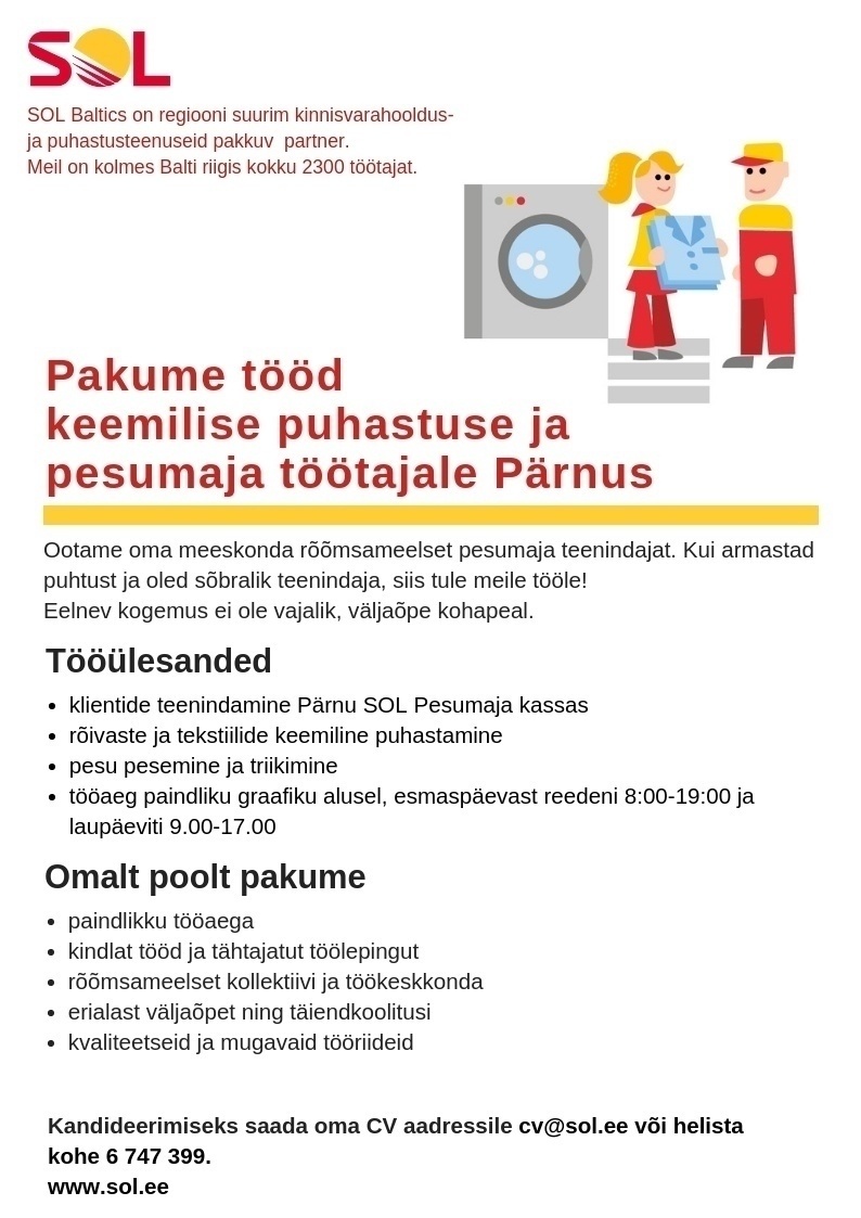 SOL Baltics OÜ Keemilise puhastuse ja pesumaja teenindaja (Pärnu)