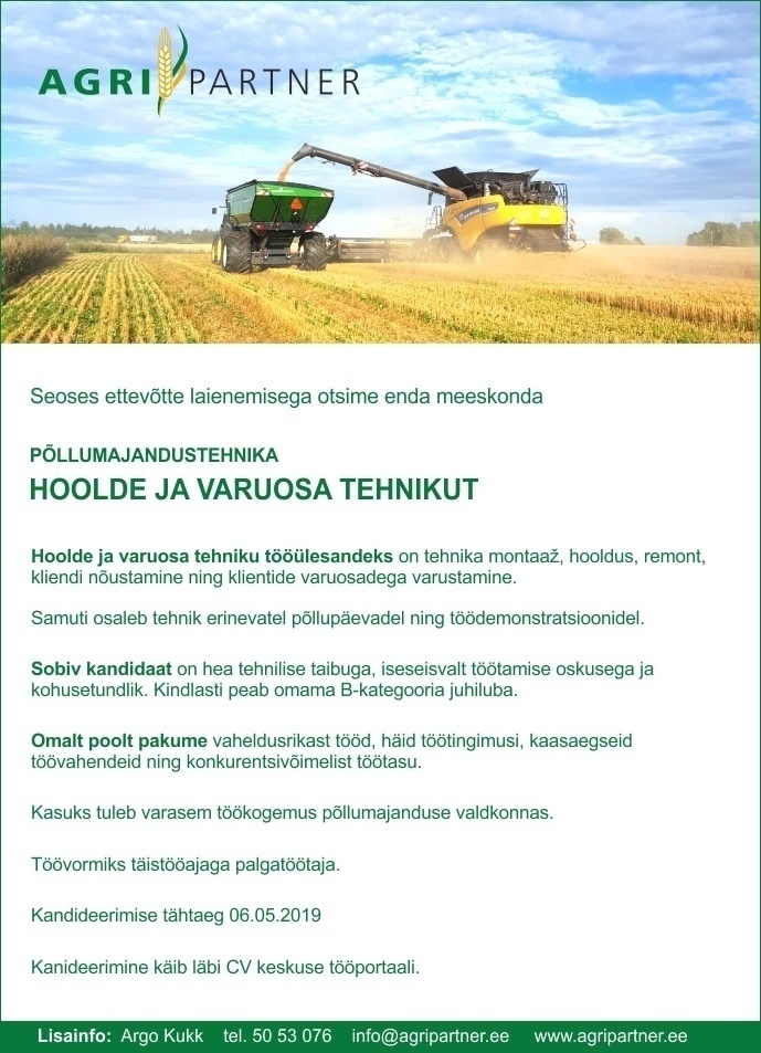 Agri Partner OÜ Põllumajandustehnika hoolde ja varuosa tehnik