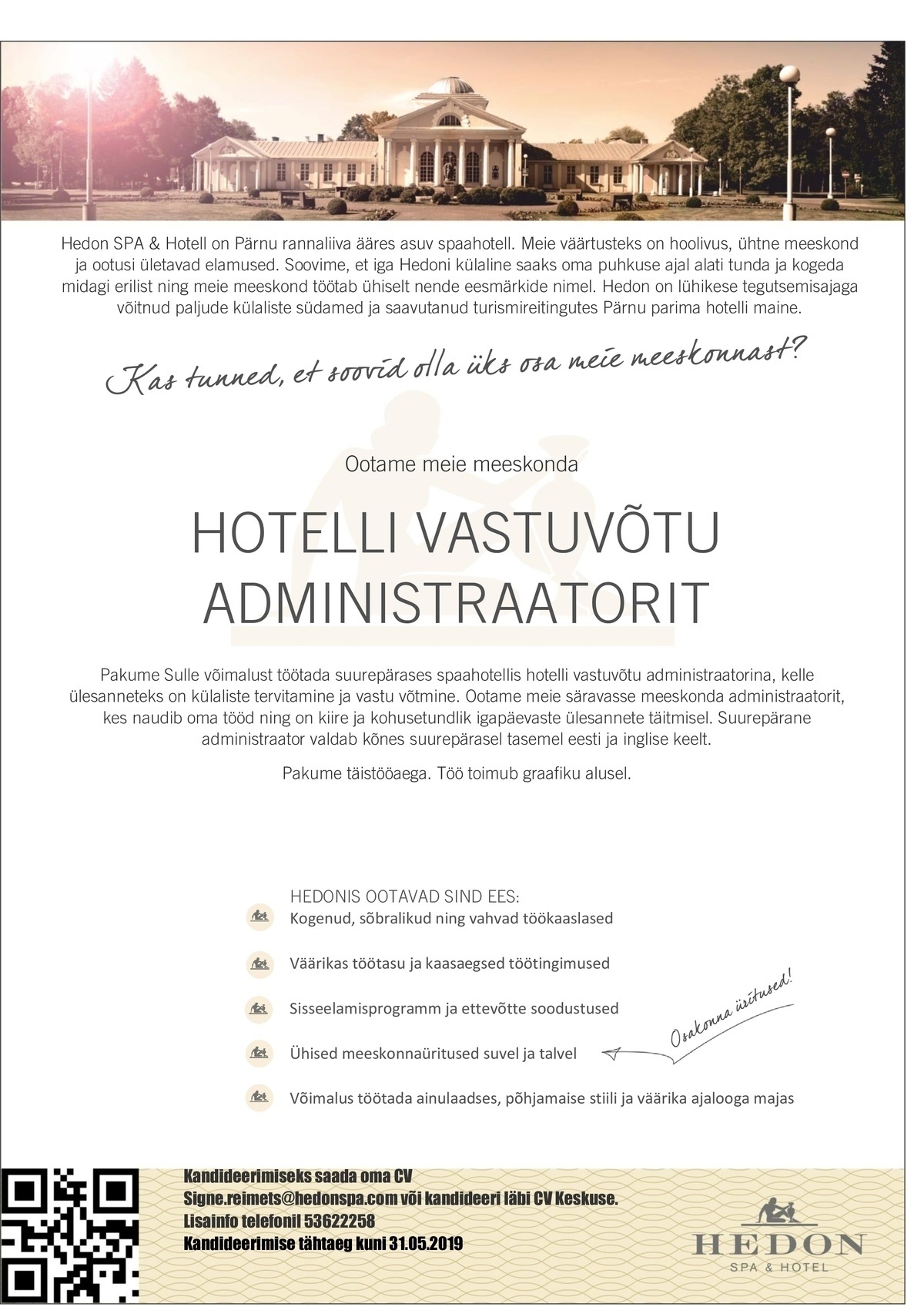 Supeluse Hotell OÜ Hedon SPA & HOTEL Hotelli vastuvõtu administraator