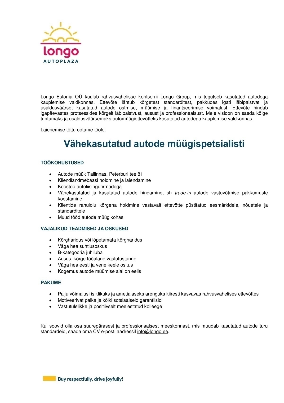 Longo Estonia OÜ Vähekasutatud autode müügispetsialist