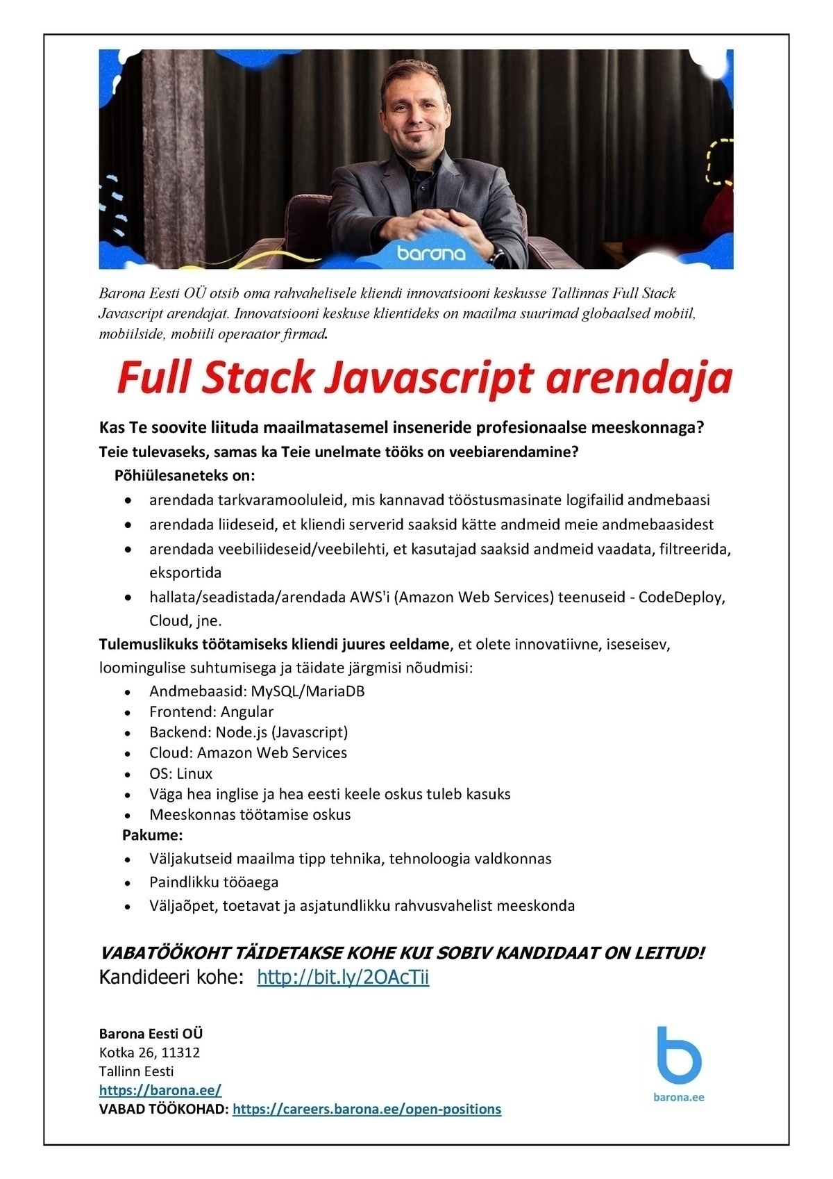Barona Eesti OÜ FULL STACK Javascript web arendaja
