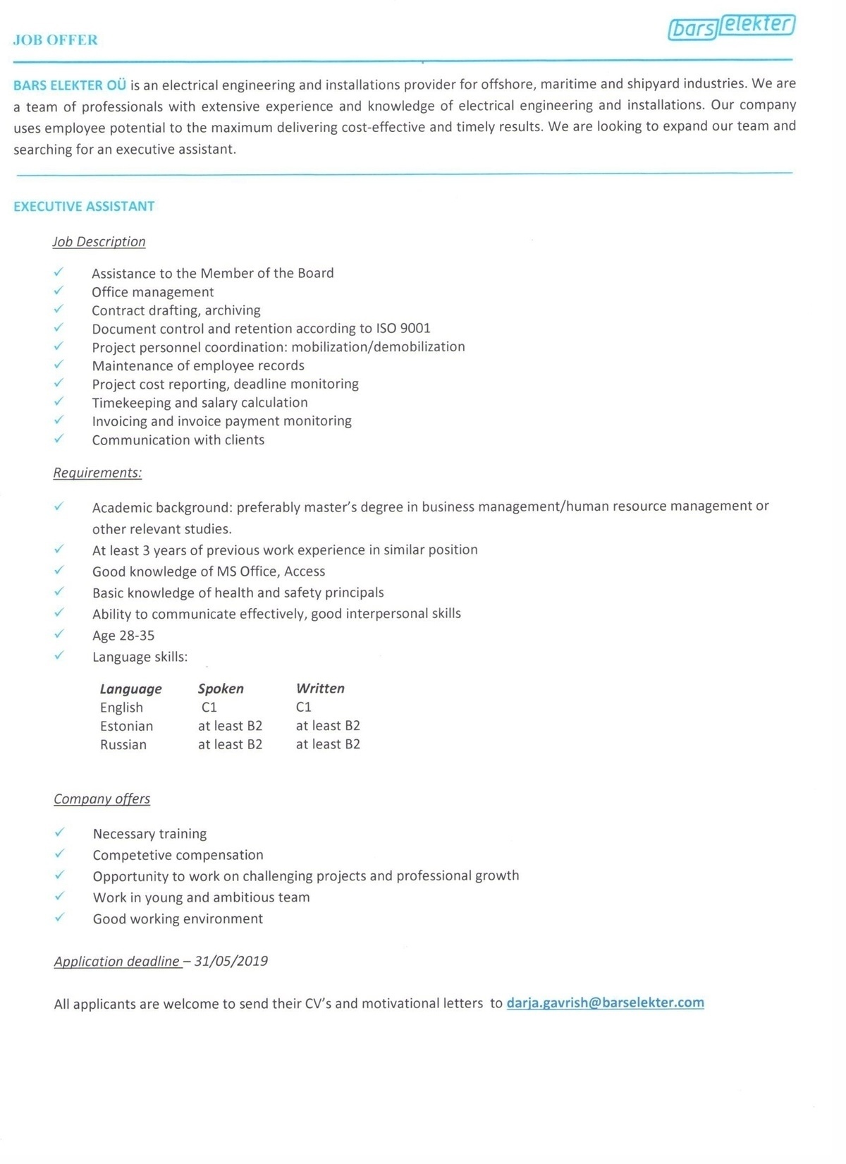 BARS ELEKTER OÜ Juhiabi