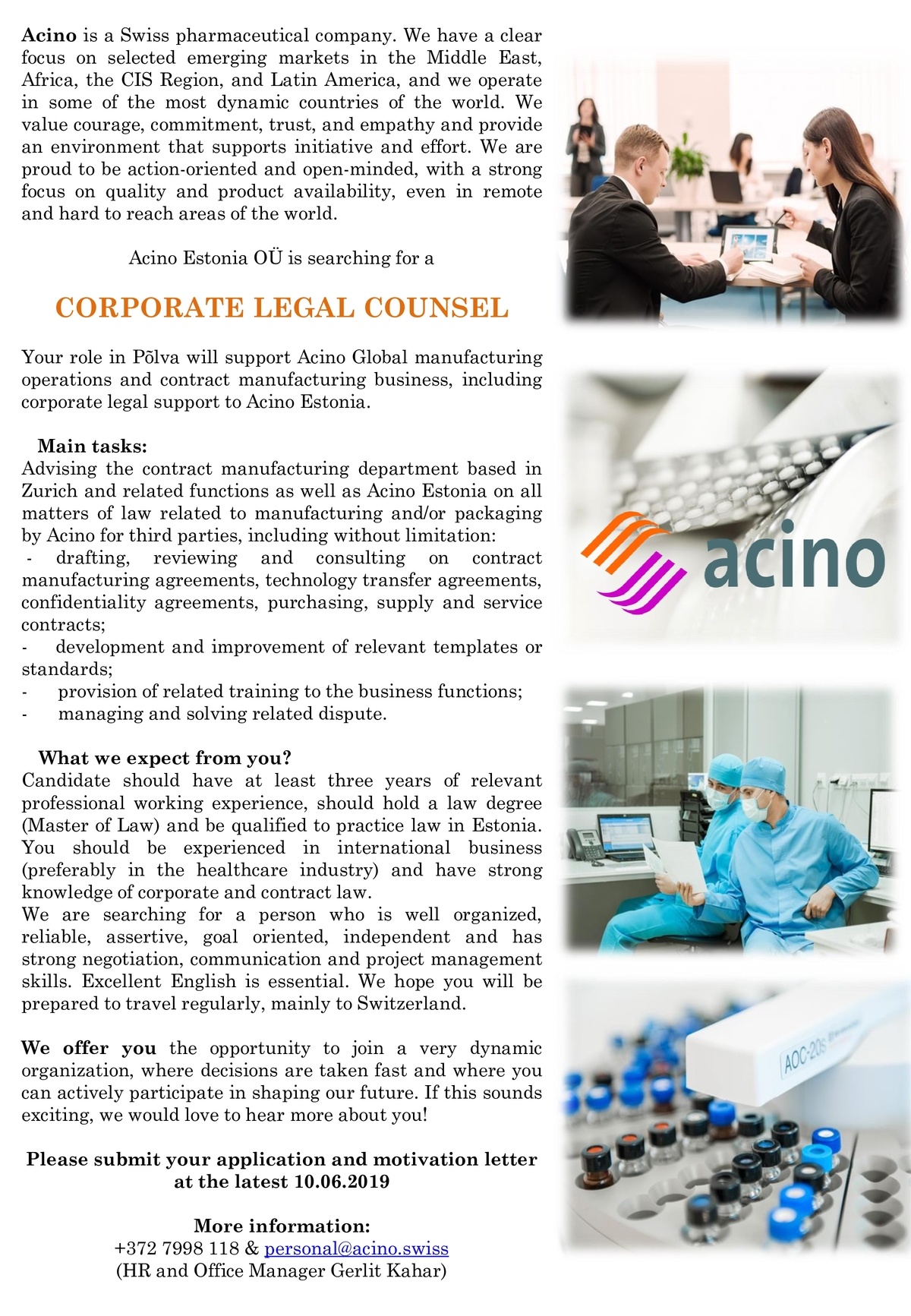 Acino Estonia OÜ Corporate Legal Counsel