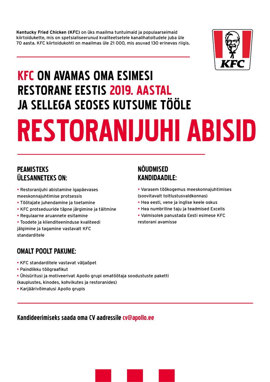 APL Fresh Food OÜ KFC kutsub tööle RESTORANIJUHI ABISID