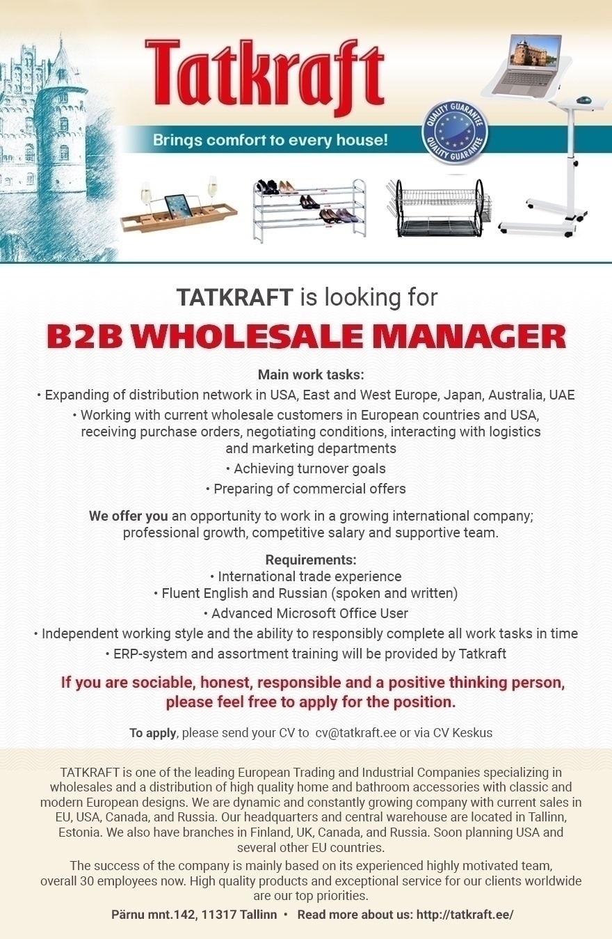 TATKRAFT AS B2B Wholesale Manager / Rahvusvaheline hulgimüügi spetsialist 