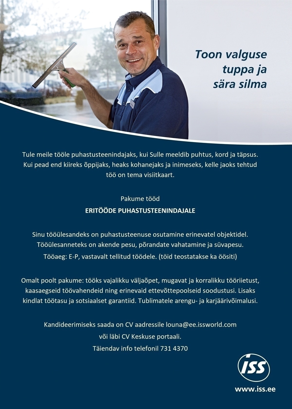 ISS Eesti AS Eritööde puhastusteenindaja (tasu kuni 8€ tunnis)