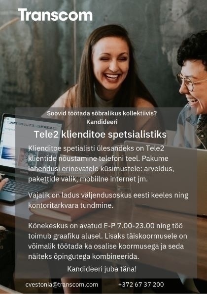 Transcom Eesti OÜ Tele2 klienditoe spetsialist 