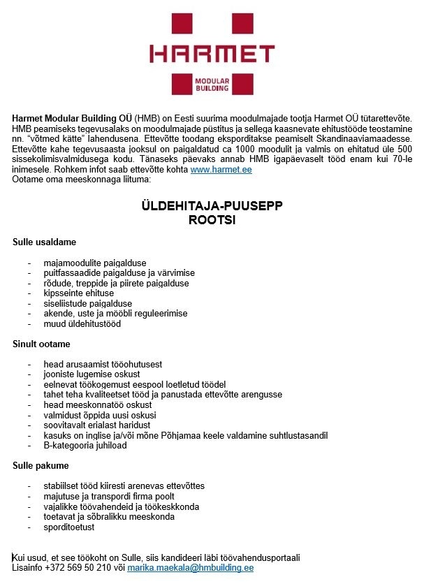 Harmet OÜ ÜLDEHITAJA-PUUSEPP  ROOTSI