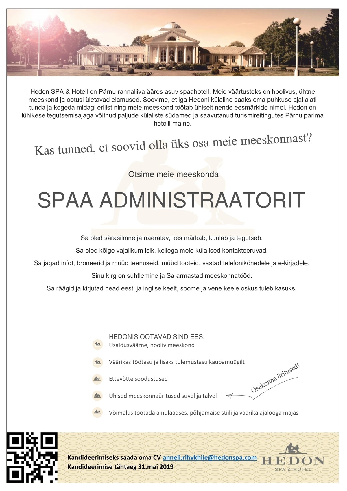 Supeluse Hotell OÜ Hedon SPA & HOTEL Spaa administraator