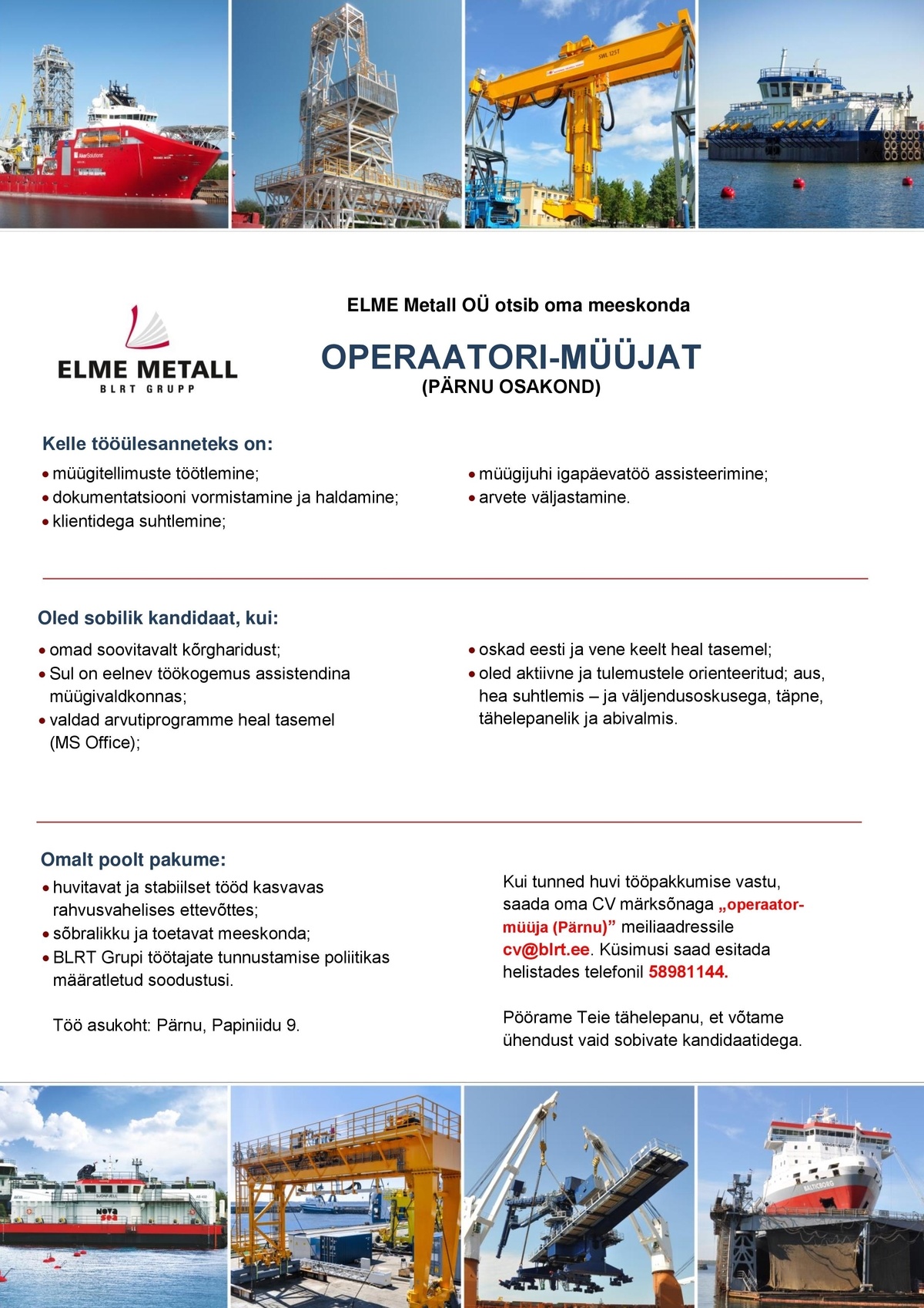 Elme Metall OÜ Operaator - müüja