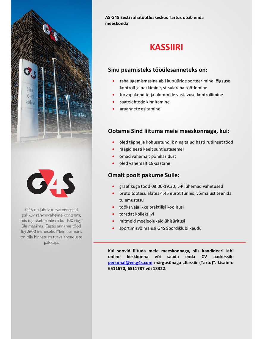 AS G4S Eesti Kassiir (hooajaline alates juunist septembri lõpuni)