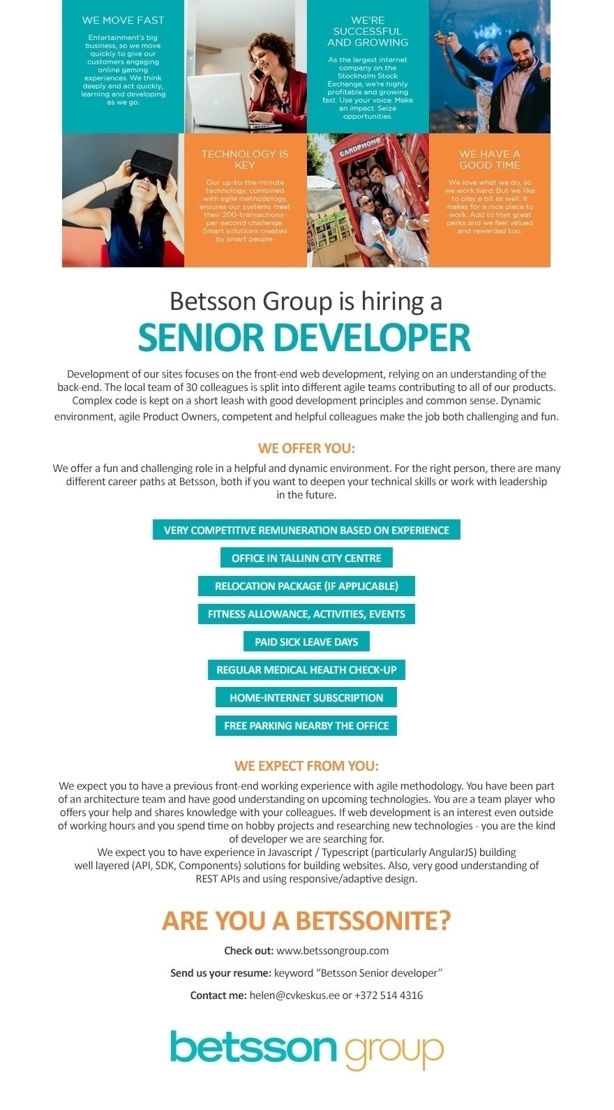 Betsson Services Ltd Senior Developer (front-end)