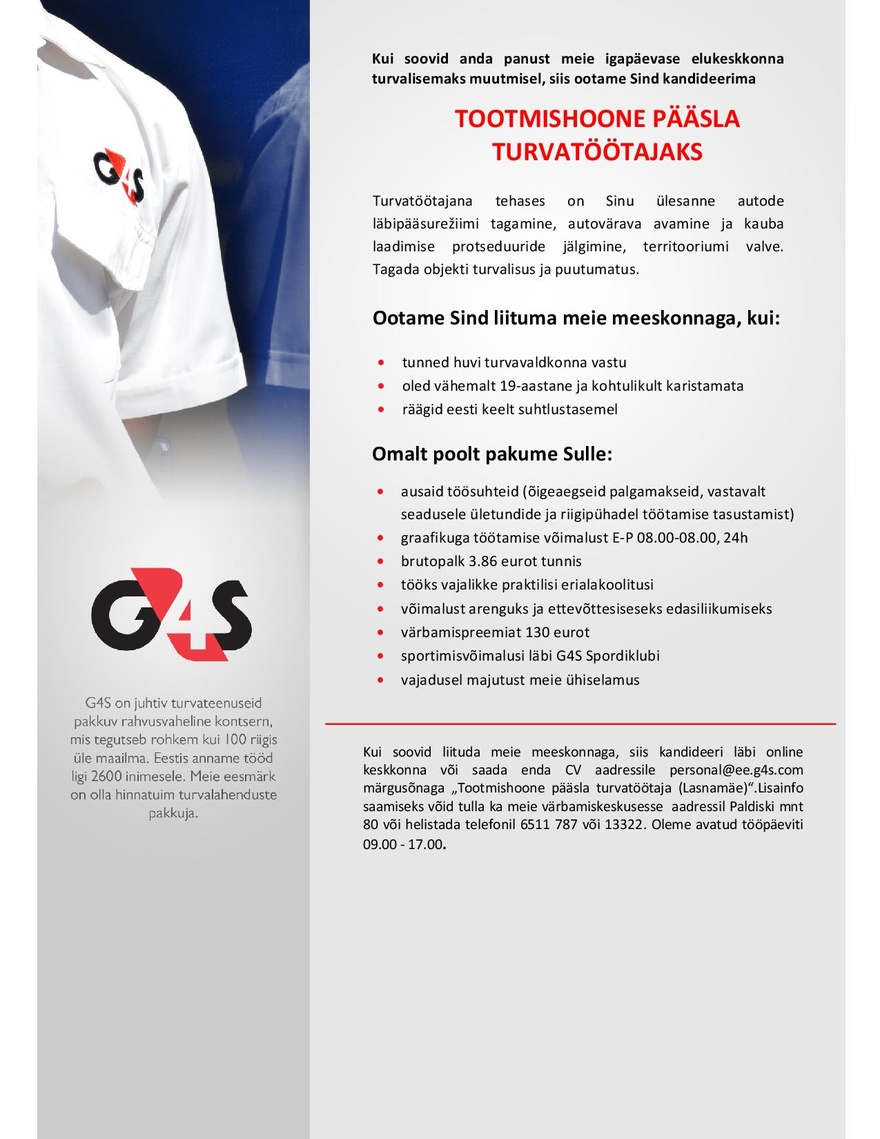 AS G4S Eesti Tootmishoone pääsla turvatöötaja (Lasnamäe)