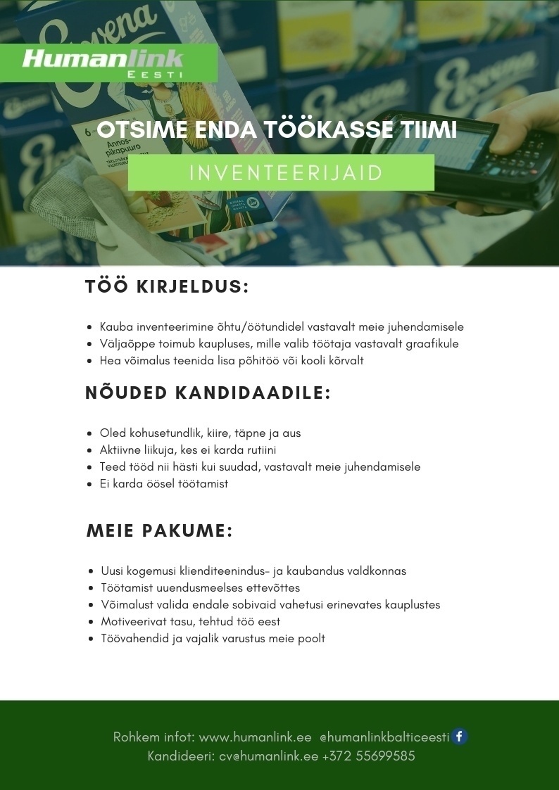 Humanlink Estonia OÜ Teeni lisaraha kauba inventeerimisel Tartus!