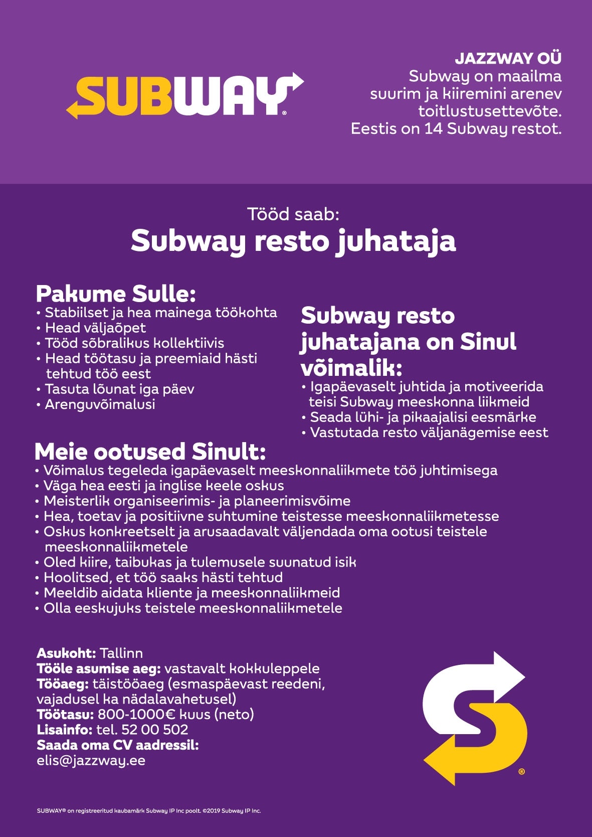 Jazzway OÜ Subway resto juhataja