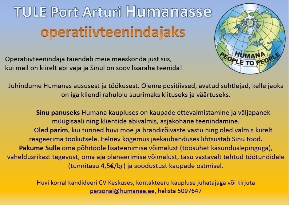 Humana Sorteerimiskeskus OÜ Operatiivteenindaja Pärnu Port Arturi Humana kauplusse