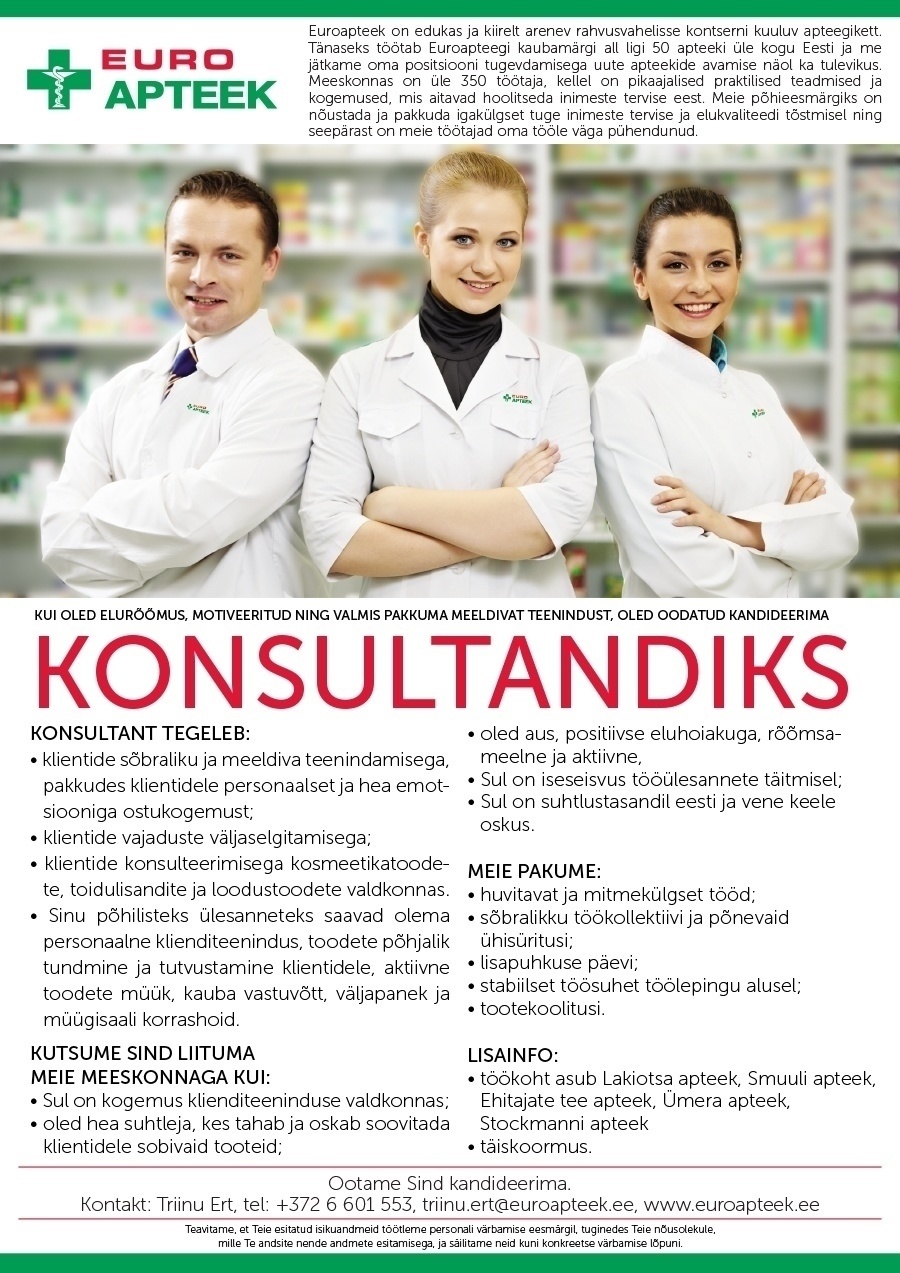 Euroapteek OÜ Konsultant (Tallinna apteekides)